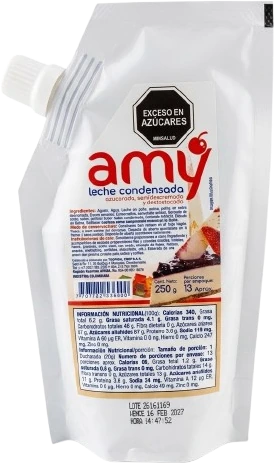 Leche condensada AMY 250 g doypack con tapa — producto lácteo colombiano Tropical Crop